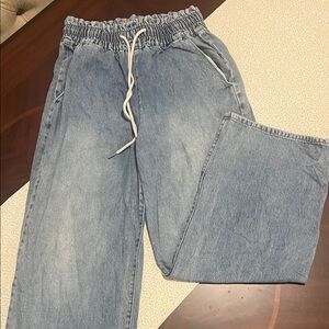 Wide Leg Jeans 90’s Style Denim Drawstring Waist Boho Medium Elastic Waist